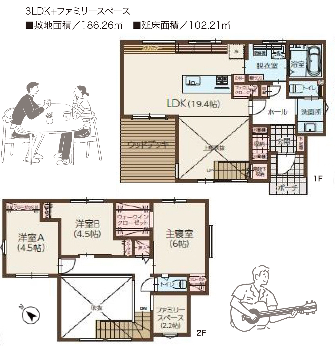 住まいるkitaQ ZEH モデルハウス　3LDK+ファミリースペース　■敷地面積／186.26㎡　■延床面積／102.21㎡